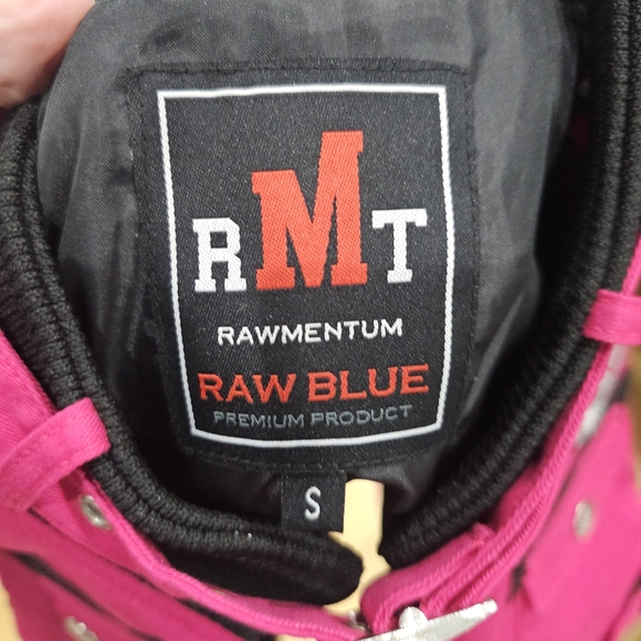 ~SOLD~ 1 RMT Raw Blue Pink Purple Moto Patch Buckle Collar Zip Up Jacket Coat S - Picture 8 of 16